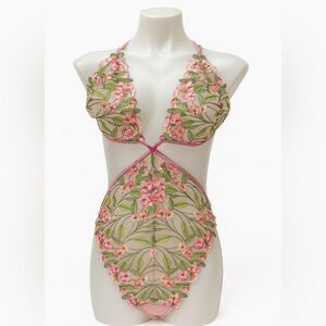 🔥Victoria's Secret Pink lace Floral teddy bodysuit Sz XXL NET